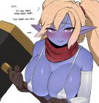 1girl bangs blonde_hair blue_skin blush breasts cleavage colored_skin english_text gloves large_breasts league_of_legends long_hair looking_at_viewer ohasi pointy_ears poppy_(league_of_legends) purple_eyes simple_background solo twintails war_hammer weapon white_background yordle 