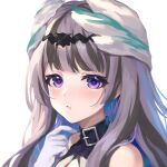  1girl bare_shoulders black_hair close-up commentary fire_emblem fire_emblem_engage grey_hair highres jurge long_hair looking_at_viewer multicolored_hair parted_lips portrait purple_eyes simple_background smile solo streaked_hair upper_body veyle_(fire_emblem) white_background 