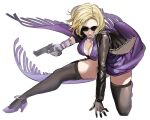  1girl asymmetrical_gloves black_gloves black_jacket black_thighhighs breasts cleavage cleavage_cutout closed_mouth clothing_cutout dress full_body gloves gun handgun hanny_(uirusu_chan) high_heels highres holding holding_gun holding_weapon jacket mismatched_gloves nina_williams open_clothes open_jacket purple_dress purple_footwear short_hair simple_background solo sunglasses tekken tekken_8 thighhighs weapon white_background white_gloves 