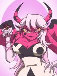  anthro armwear breasts cleavage clothed clothing demon elbow_gloves female gloves hair handwear helluva_boss hi_res horn humanoid imp pink_body pink_eyes pupils slit_pupils solo thelordoflemonz verosika_mayday_(helluva_boss) white_hair wings yellow_sclera 
