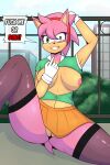  2023 amy_rose anthro areola bottomwear breasts butt classic_amy_rose classic_sonic_(universe) clothed clothing clothing_lift crazy_eyes dialogue digital_drawing_(artwork) digital_media_(artwork) eulipotyphlan female flyingtrace genitals hedgehog hi_res insane legwear looking_at_viewer mammal multicolored_body nipples open_clothing open_topwear outside partially_clothed pink_body pink_nipples pussy raised_bottomwear raised_clothing raised_skirt sega skirt skirt_lift solo sonic_the_hedgehog_(series) stockings tail topwear translucent translucent_clothing two_tone_body yandere 