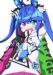  1girl absurdres ahoge animal_ears bangs black_ribbon blue_eyes blue_hair clothes_writing commentary drawstring hair_ribbon heterochromia highres hood hood_down hooded_coat horse_ears horse_girl ko_haha88 long_hair long_sleeves looking_at_viewer multicolored_coat open_mouth purple_eyes ribbon sharp_teeth sidelocks simple_background smile solo stuffed_animal stuffed_bunny stuffed_toy teeth twin_turbo_(umamusume) twintails umamusume upper_body white_background 