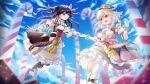  2girls black_hair blonde_hair blue_sky cloud fork hat highres hitatsuphat holding_hands key lock lolita_fashion multiple_girls nijigen_project nika_lan_linh nika_linh_lan red_eyes sky smile spoon vietnamese_commentary 