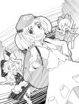  3girls apron backpack bag bangs barefoot blunt_bangs blush bow braid broom buttons cirno clenched_hand collared_shirt commentary_request dress feet_out_of_frame flat_cap flat_chest frilled_shirt_collar frills full_body greyscale grin hair_bobbles hair_bow hair_ornament hat hat_bow ice ice_wings jewelry kawashiro_nitori kei_jiei key_necklace kirisame_marisa long_hair long_sleeves looking_at_viewer mary_janes monochrome multiple_girls neck_ribbon necklace one_eye_closed open_mouth pinafore_dress pocket ribbon shirt shoes short_hair single_braid smile socks touhou two_side_up waist_apron wings witch_hat 