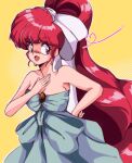  1girl blue_dress blue_eyes breasts dress heart highres jenna_(rainynebula) long_hair open_mouth ranma-chan ranma_1/2 red_hair retro_artstyle simple_background solo yellow_background 