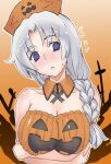  1girl :&lt; alternate_costume arms_under_breasts bangs blue_eyes blush braid braided_ponytail breasts cleavage closed_mouth collar commentary_request dated detached_collar empty_eyes grey_hair hair_over_shoulder halloween hat highres jack-o&#039;-lantern_print kei_jiei large_breasts long_hair looking_to_the_side nose_blush nurse_cap one-hour_drawing_challenge orange_background orange_collar orange_headwear parted_bangs single_braid solo touhou upper_body yagokoro_eirin 