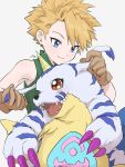  animal_skin anthro bandai_namco belly belly_markings blonde_hair blue_eyes blush claws digimon digimon_(species) duo feng_efu gabumon hair hi_res horn human male mammal markings matt_ishida red_eyues sleeveless_shirt slightly_chubby 