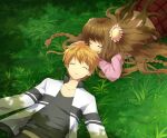  1boy 1girl bangs black_shirt braid brown_hair closed_eyes collarbone covered_mouth flower fuyuichi grass hair_flower hair_ornament hood hoodie jacket kanbe_kotori key_(company) light_blush long_hair long_sleeves lying on_back on_stomach open_clothes open_jacket open_mouth parted_lips pink_hoodie plaid plaid_skirt rewrite shirt skirt sleeping tennouji_kotarou white_jacket 