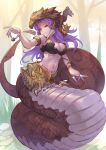  1girl armlet armor breasts character_request claws cleavage closed_mouth day granblue_fantasy helmet holding jewelry lamia large_breasts long_hair looking_at_viewer monster_girl outdoors purple_hair scales solo tomamatto tree 
