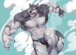  abs absurd_res anthro biceps black_and_white_fur canid canine canis claws clothing domestic_dog green_eyes hi_res husky lifewonders live_a_hero male mammal monomasa muscular muscular_anthro muscular_male nordic_sled_dog pawpads pecs red_sclera slime solo speedo spitz swimwear x_kusunagi_x 