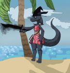  anthro beach blue_body blue_eyes blue_scales blue_tail bottomwear brown_clothing claws clothing cloud ear_piercing ear_ring eyelashes facial_piercing female freckles grey_tail hat headgear headwear holding_object holding_sword holding_weapon kobold markings melee_weapon multicolored_clothing nose_piercing outside piercing plant red_clothing ring_piercing scales scalie seaside sky smoke smoking_pipe solo spots spotted_markings squablodecomplash sword tail topwear tree two_tone_clothing vex_(squablodecomplash) weapon 