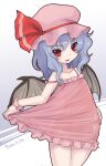  1girl alternate_costume bangs black_wings blue_hair blush commentary_request covered_navel cowboy_shot dated demon_wings dress fang flat_chest frilled_ribbon frills hat hat_ribbon highres kei_jiei looking_at_viewer medium_hair mob_cap one-hour_drawing_challenge open_mouth pink_dress pink_headwear red_eyes red_ribbon remilia_scarlet ribbon see-through see-through_dress smile solo sundress touhou wavy_hair wings 
