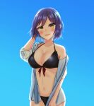  1girl bangs bikini black_bikini blue_background blue_hair blue_shirt bob_cut breasts cleavage commentary cowboy_shot front-tie_bikini_top front-tie_top gradient_background hand_in_own_hair highres large_breasts looking_at_viewer melow_menow mole mole_under_eye navel nijisanji no_pants off_shoulder open_clothes open_mouth open_shirt shirt shizuka_rin short_hair smile solo standing swimsuit virtual_youtuber yellow_eyes 