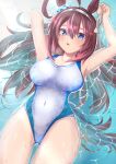  1girl :o afloat animal_ears arms_up bangs blue_eyes blue_one-piece_swimsuit breasts brown_hair competition_swimsuit covered_navel fish from_above highleg highleg_swimsuit highres horse_ears horse_girl horse_tail large_breasts long_hair looking_at_viewer lying mihono_bourbon_(umamusume) on_back one-piece_swimsuit open_mouth solo swimsuit tail teaclaw umamusume water wet 