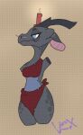  anthro blue_body blue_eyes blue_scales bottomwear breasts candle character_name clothing eyelashes facial_piercing female grey_body grey_scales horn kobold nose_piercing piercing red_clothing scales scalie solo squablodecomplash topwear vex_(squablodecomplash) 