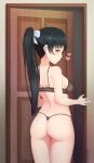  1girl absurdres ass back bangs black_bra black_hair black_panties blush bra breasts brown_eyes closed_mouth commentary door english_commentary from_behind hair_ribbon hazuki_ren heart highres lingerie long_hair looking_at_viewer looking_back love_live! love_live!_superstar!! medium_breasts opening_door panties ponytail ribbon roswell_ss smile solo standing string_panties thong twitter_username underwear underwear_only white_ribbon 