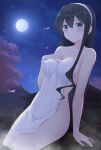  1girl azuki-iro bangs black_hair blush breasts cherry_blossoms collarbone covered_navel covered_nipples covering full_moon hairband highres holding holding_towel kantai_collection long_hair looking_at_viewer medium_breasts moon night night_sky no_eyewear nude_cover onsen ooyodo_(kancolle) outdoors semi-rimless_eyewear sitting sky smile soaking_feet solo steam towel under-rim_eyewear water 