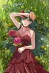  bangs bishoujo_senshi_sailor_moon breasts cleavage dahlia dark-skinned_female dark_skin dated_commentary dress earrings flower green_hair happy_birthday highres jewelry koya long_hair meiou_setsuna red_dress red_eyes red_flower red_rose rose swept_bangs very_long_hair 