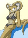  anthro bikini blue_eyes breasts clothed clothing cobra female hi_res hoodwink navel reptile scales scalie snake snake_hood solo swimwear tan_body tan_scales thelordoflemonz 