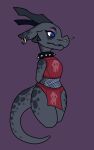  anthro blue_body blue_eyes blue_scales blue_tail clothing collar female grey_body grey_horn grey_scales grey_tail hi_res horn hornwear kobold markings red_clothing scales scalie solo spiked_collar spikes squablodecomplash tail tail_markings vex_(squablodecomplash) 