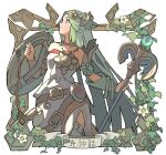  1girl armlet breasts chiton closed_mouth commentary_request dress flower green_eyes green_hair highres holding holding_shield holding_staff jewelry kid_icarus kid_icarus_uprising laurel_crown leaf long_hair medium_breasts nishikuromori palutena pendant shield side_slit simple_background solo staff strapless strapless_dress thighhighs vambraces white_background white_dress white_flower white_thighhighs 