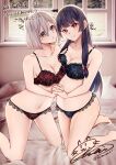  2girls asymmetrical_docking bangs barefoot bed bell black_hair blue_bra blue_eyes blue_panties blush bra breast_press breasts cleavage commission grey_hair hair_bell hair_ornament hair_ribbon hamakaze_(kancolle) highres holding_hands isokaze_(kancolle) kantai_collection kneeling lace-trimmed_bra lace-trimmed_panties lace_trim large_breasts long_hair looking_at_viewer mimamui multiple_girls on_bed panties parted_lips red_bra red_eyes red_panties red_ribbon ribbon short_hair sidelocks signature skeb_commission smile tress_ribbon twitter_username underwear underwear_only window 