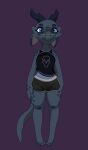 anthro black_clothing blue_body blue_eyes blue_scales blue_tail bottomwear claws clothing eyelashes facial_piercing female freckles grey_clothing grey_tail hi_res kobold markings nose_piercing piercing purple_clothing scales scalie solo spots spotted_markings squablodecomplash tail topwear vex_(squablodecomplash) white_clothing 