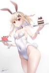  1girl absurdres animal_ears blonde_hair breasts cake cake_slice cleavage crab detached_collar fake_animal_ears food highres hitatsuphat nijigen_project nika_lan_linh playboy_bunny red_eyes smile sunglasses thighs vietnamese_commentary virtual_youtuber 
