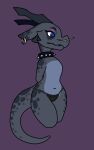  anthro black_clothing blue_body blue_eyes blue_scales blue_tail clothing collar female grey_body grey_horn grey_scales grey_tail hi_res horn hornwear kobold markings scales scalie solo spiked_collar spikes squablodecomplash tail tail_markings vex_(squablodecomplash) 