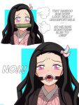  alternate_costume artist_request bamboo bit_gag black_hair blush embarrassed english_text gag gagged japanese_clothes kamado_nezuko kimetsu_no_yaiba kimono long_hair non-web_source nose pink_eyes pink_ribbon ribbon ring_gag saliva sharp_teeth source_request teeth upper_body uvula 