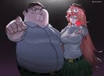  1boy 1girl absurdres belt bow brown_eyes brown_hair brown_headwear collared_shirt double_chin english_commentary family_guy fat fat_man glasses green_eyes green_pants green_skirt hair_bow highres kowai_(iamkowai) long_hair looking_at_viewer one_eye_closed pants peter_griffin pink_hair pleated_skirt pointing pointing_at_viewer shirt skirt smile standing sweater white_bow white_shirt white_sweater 