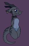  anthro blue_body blue_clothing blue_eyes blue_scales blue_tail clothing collar female grey_body grey_horn grey_scales grey_tail hi_res horn hornwear kobold markings scales scalie solo spiked_collar spikes squablodecomplash tail tail_markings vex_(squablodecomplash) 