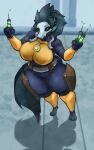  2023 5_fingers anthro armor big_breasts blue_body breasts ear_piercing ear_ring female fingers fur furry_tail hair hi_res high-angle_view long_hair piercing ring_piercing risk_of_rain_2 scp-1471-a scp_foundation solo syringe tail thick_thighs z_dragon 