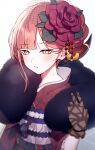  1girl aru_(blue_archive) bangs blue_archive blunt_bangs feather_boa flower gloves hair_flower hair_ornament hand_up highres horns japanese_clothes kimono obi official_alternate_costume orange_eyes orange_hair parted_lips sash solo sweat upper_body yoshihiro_(yoshihiro12190) 