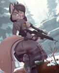  2023 absurd_res anthro artist_name blue_eyes bodily_fluids boots breasts butt canid canine canis cleavage clothed clothing digital_media_(artwork) female footwear gun hi_res hinget looking_at_viewer mammal plant ranged_weapon rifle side_boob sniper_rifle snow solo tears tree uniform weapon wolf 