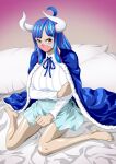  1girl blue_cape blue_hair blue_skirt cape horns kneeling long_hair looking_at_viewer multicolored_hair nel-zel_formula on_bed one_piece pink_eyes pink_hair shirt skirt solo ulti_(one_piece) white_shirt 