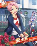  1boy blue_eyes bush card_(medium) character_name fingernails flower holding holding_umbrella idolmaster idolmaster_side-m kabuto_daigo long_sleeves looking_at_viewer male_focus official_art open_clothes open_mouth open_shirt pants pink_hair rain red_flower red_rose rose rose_bush shirt teeth third-party_source umbrella upper_teeth_only 