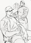  2boys arm_hair backwards_hat bara baseball_cap billy_russell_(dickfish) blush bottle casual cigarette couple dickfish_(fishismdick) facial_hair feet_out_of_frame glasses hat highres holding holding_bottle holding_cigarette holding_tray john_rottweil_(dickfish) large_pectorals looking_at_another male_focus mature_male multiple_boys muscular muscular_male mustache open_clothes open_shirt original pectorals scan shirt short_hair shorts sideburns sitting sketch spread_legs t-shirt thick_eyebrows thick_thighs thighs traditional_media tray yaoi 