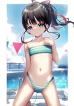  1girl bikini black_hair blue_eyes blush bow breasts commission covered_nipples hair_bow highres kneeling long_hair looking_at_viewer original outdoors pixiv_commission ponytail poolside small_breasts solo striped striped_bikini swimsuit yan_(nicknikg) 