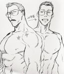  1boy abs age_progression aged_down bara billy_russell_(dickfish) dickfish_(fishismdick) facial_hair glasses large_pectorals looking_at_viewer male_focus mature_male muscular muscular_male mustache navel nipples nude original pectorals scan scar short_hair sideburns sketch smile stomach traditional_media unamused upper_body 