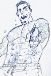  1boy abs arm_hair bara chest_hair dickfish_(fishismdick) hairy highres holding holding_water_gun john_rottweil_(dickfish) large_pectorals looking_at_viewer male_focus male_swimwear mature_male muscular muscular_male navel navel_hair nipples original pectorals scan short_hair sideburns sketch smile solo stomach swim_briefs thick_eyebrows topless_male traditional_media water_gun wet 