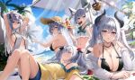  5girls absurdres animal_ears aoi_13 armpits arms_up bad_id bad_pixiv_id bangs bare_shoulders beach bikini black_bikini blue_eyes breasts brown_eyes cleavage closed_eyes closed_mouth eyewear_on_head food grey_hair hair_ornament hat heterochromia highres horns jewelry knees_up large_breasts long_hair long_sleeves looking_at_viewer lying multiple_girls navel necklace off_shoulder on_back on_stomach original outdoors parted_lips purple_eyes revision shirt sideboob smile straw_hat sunglasses swimsuit twintails water white_shirt yellow_shirt 