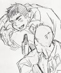  2boys arm_hair bara bottle character_request closed_eyes dickfish_(fishismdick) happy john_rottweil_(dickfish) leaning_on_table looking_at_another male_focus military military_uniform multiple_boys original scan short_hair sideburns sketch staring thick_eyebrows traditional_media uniform upper_body yaoi 