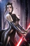  1girl ayya_sap black_hair black_nails blurry blush brown_eyes depth_of_field double_bladed_lightsaber energy_sword holding_lightsaber latex lightsaber pinup_(style) red_lightsaber rey_(star_wars) sith solo star_wars sword weapon 