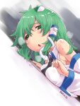  1girl bangs blush breast_press breasts collared_shirt commentary_request dated detached_sleeves drooling frog_hair_ornament green_eyes green_hair hair_between_eyes hair_ornament highres implied_sex kei_jiei kochiya_sanae large_breasts long_hair looking_at_viewer open_mouth saliva shirt sideboob single_hair_tube single_sidelock sleeveless sleeveless_shirt snake_hair_ornament solo sweat touhou upper_body white_shirt white_sleeves 