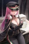  1girl absurdres bangs blush breasts cleavage fur_collar gloves hat highres jacket large_breasts lillly long_hair long_sleeves looking_at_viewer military military_hat military_uniform original pants pink_hair sitting solo uniform very_long_hair yellow_eyes 