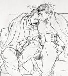  2boys bara billy_russell_(dickfish) blanket blush casual couch couple cup dickfish_(fishismdick) facial_hair feet_out_of_frame glasses head_on_another&#039;s_shoulder holding holding_cup john_rottweil_(dickfish) male_focus mature_male mug multiple_boys muscular muscular_male mustache nose_blush on_couch original pectorals pillow scan short_hair sideburns sitting sketch sleeping sleeping_on_person sleeping_upright sweater thick_eyebrows traditional_media translation_request yaoi 