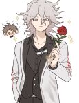  2boys absurdres bangs black_bow black_bowtie black_shirt black_vest blush bow bowtie buttons chibi collared_shirt cowboy_shot danganronpa_(series) danganronpa_10th_anniversary_costume danganronpa_2:_goodbye_despair flower grey_eyes grey_hair grey_jacket hair_between_eyes hand_in_pocket highres hinata_hajime holding holding_flower jacket komaeda_nagito long_hair looking_at_viewer medium_hair messy_hair multiple_boys okonomiyakiyyy1 open_clothes open_jacket open_mouth red_flower red_rose rose shirt sparkle vest white_bow white_bowtie 