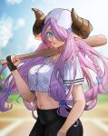  1girl backwards_hat baseball_bat baseball_cap baseball_uniform black_gloves black_leggings blue_eyes braid breasts bubble_blowing butterfly_hair_ornament buttons chewing_gum commentary commission crop_top day demon_horns draph english_commentary fingernails gloves granblue_fantasy hair_ornament hair_over_one_eye hair_through_headwear hairclip hat highres horns hymin large_breasts leggings long_hair midriff narmaya_(granblue_fantasy) navel partially_fingerless_gloves pointy_ears purple_hair purple_nails short_sleeves side_braid single_braid single_glove solo sportswear 