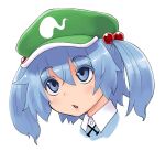  1girl bangs blue_eyes blue_hair blue_shirt blush collared_shirt commentary_request expressionless flat_cap green_headwear hair_bobbles hair_ornament hat head_only kawashiro_nitori kei_jiei looking_afar looking_up open_mouth shirt simple_background solo touhou two_side_up white_background 
